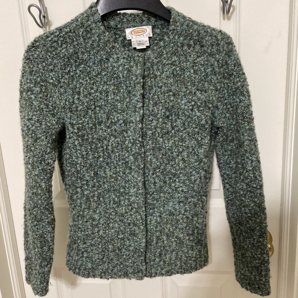 Talbots Petites Green Blue Boucle Knit Cardigan Sweater Size P Hook Eye Closure